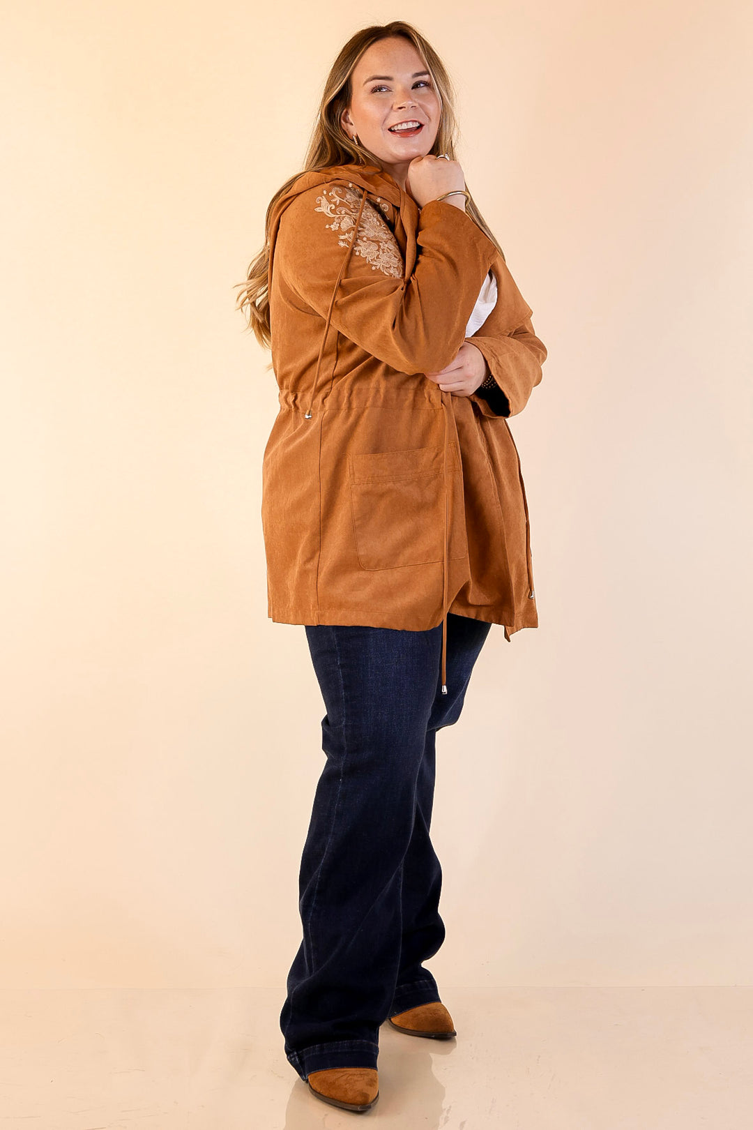 Fill Up Your Cup Embroidered Suede Utility Jacket in Tan