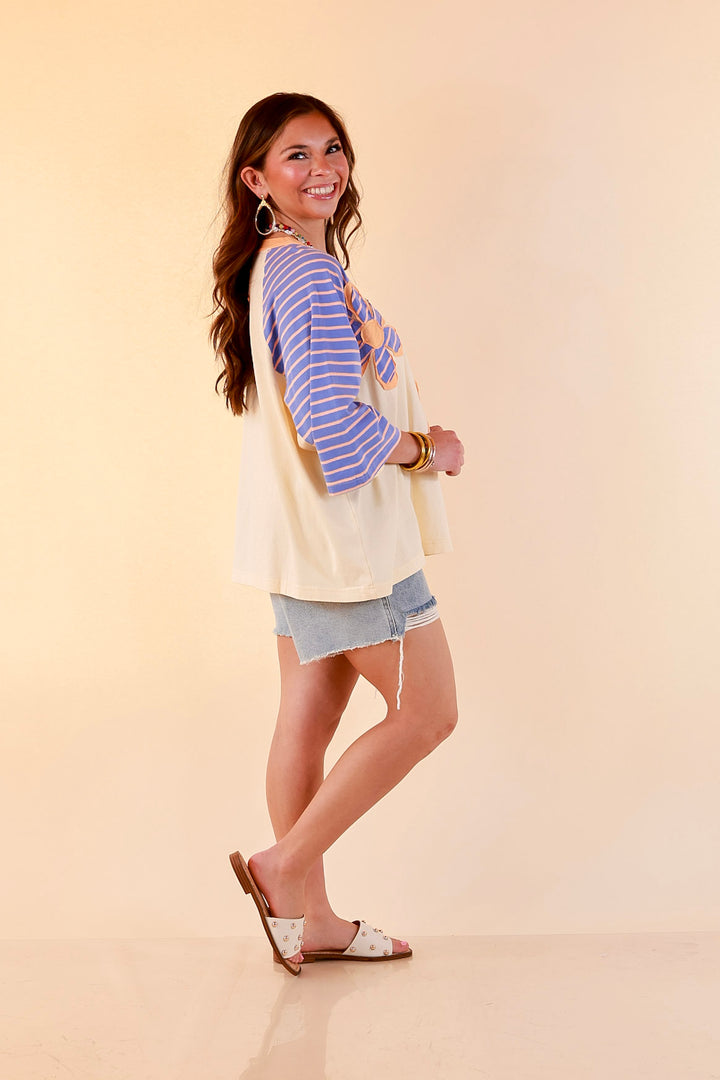 Bloom in Color Floral and Stripe Print Relaxed Short Sleeve Top with Contrast Sleeves in Cream