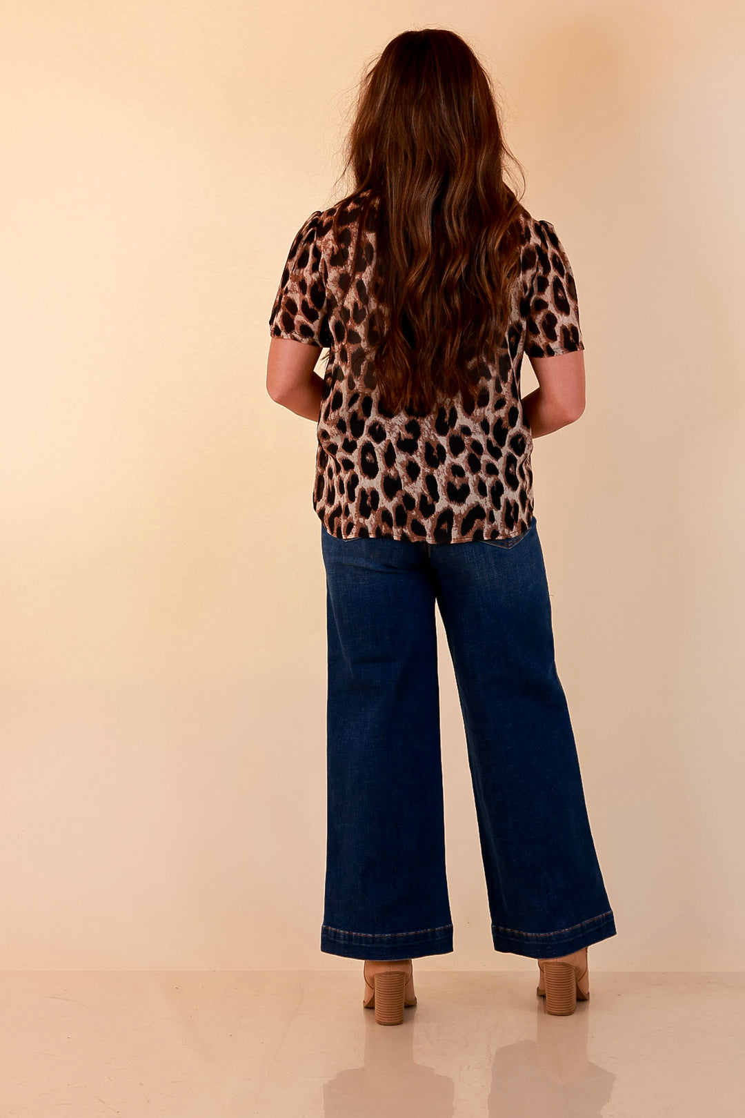 Wild at Heart Bowtie Button Up Mesh Blouse Top with Statement Tie in Leopard Print