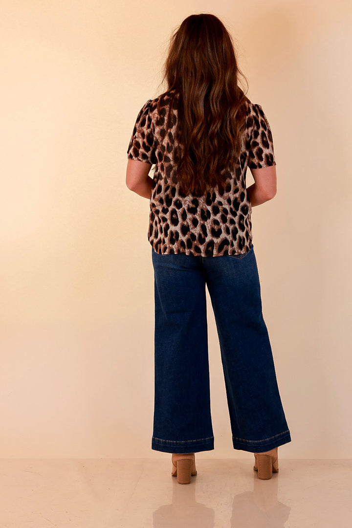 Wild at Heart Bowtie Button Up Mesh Blouse Top with Statement Tie in Leopard Print