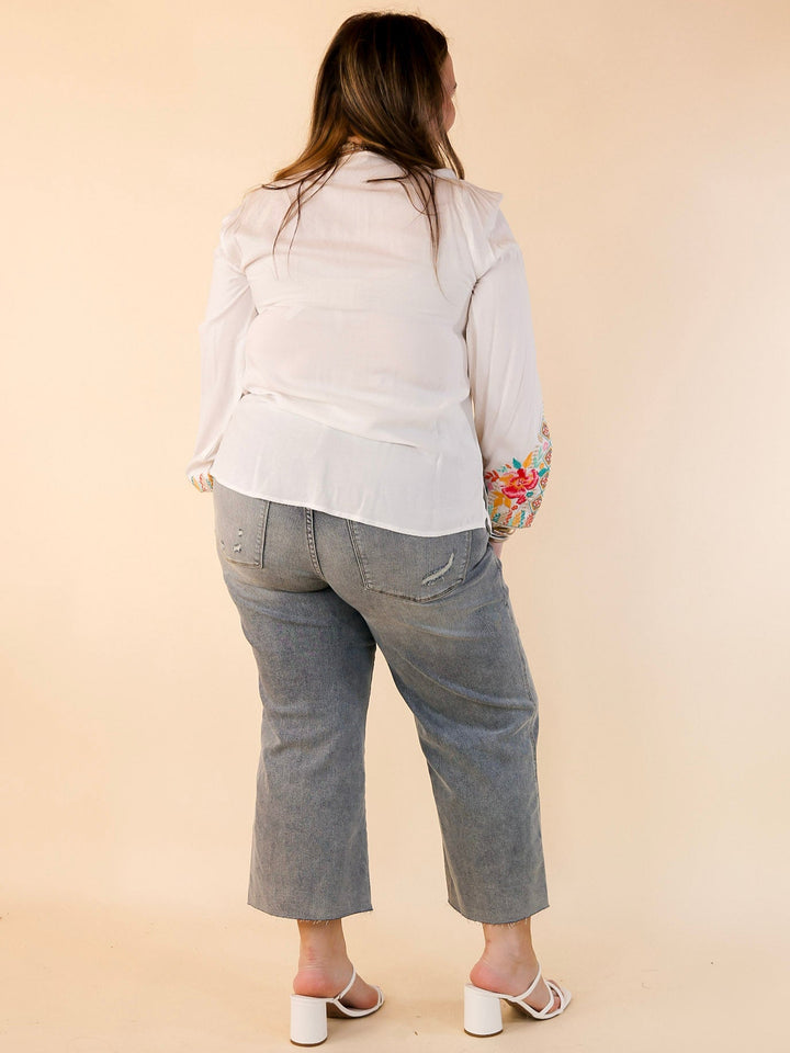 Brunch With Me Long Sleeve Embroidered Top with V Neckline in White