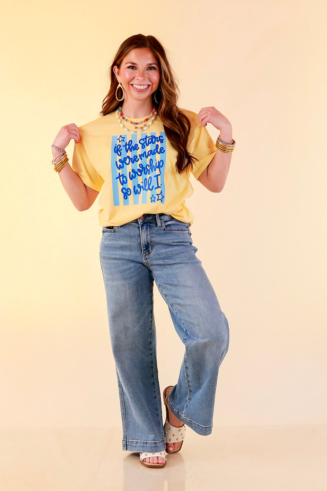 If The Stars Were Made to Worship So Will I Stripe Print Short Sleeve Graphic Tee in Butter Yellow
