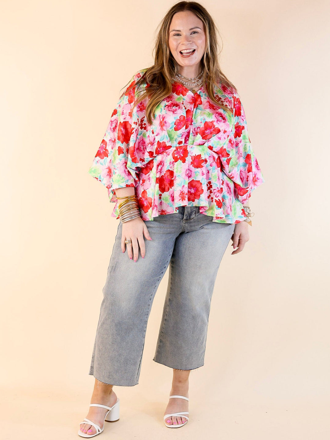 Hear the Music Drop Sleeve Satin Floral Print V Neck Peplum Top in White