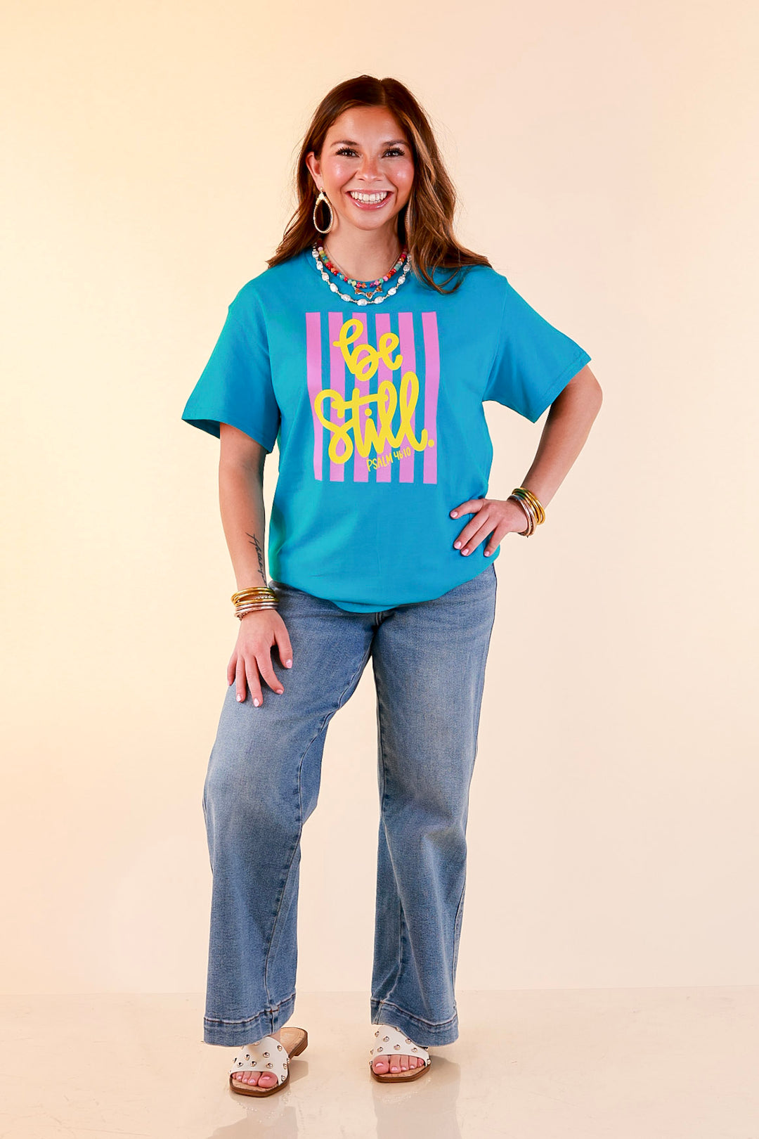Faithfully Still "Be Still" Psalm 46:10 Stripe Print Short Sleeve Graphic Tee in Turquoise Blue