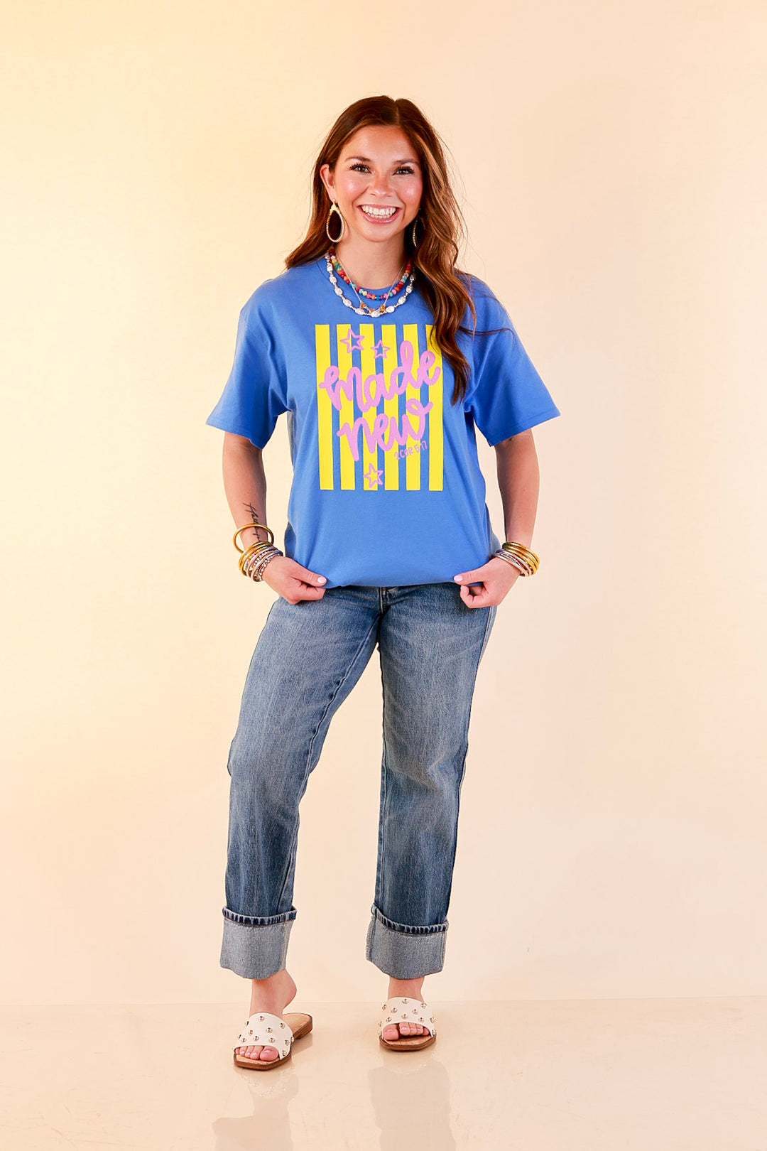Renewed in Faith "Made New" 2 Cor 5:17 Stripe Print Short Sleeve Graphic Tee in Blue