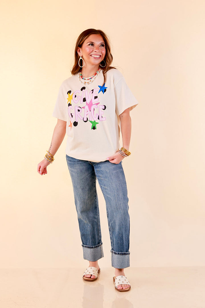 Grace Upon Grace "Give Grace" Distressed Polka Dot and Star Print Short Sleeve Graphic Tee in Natural