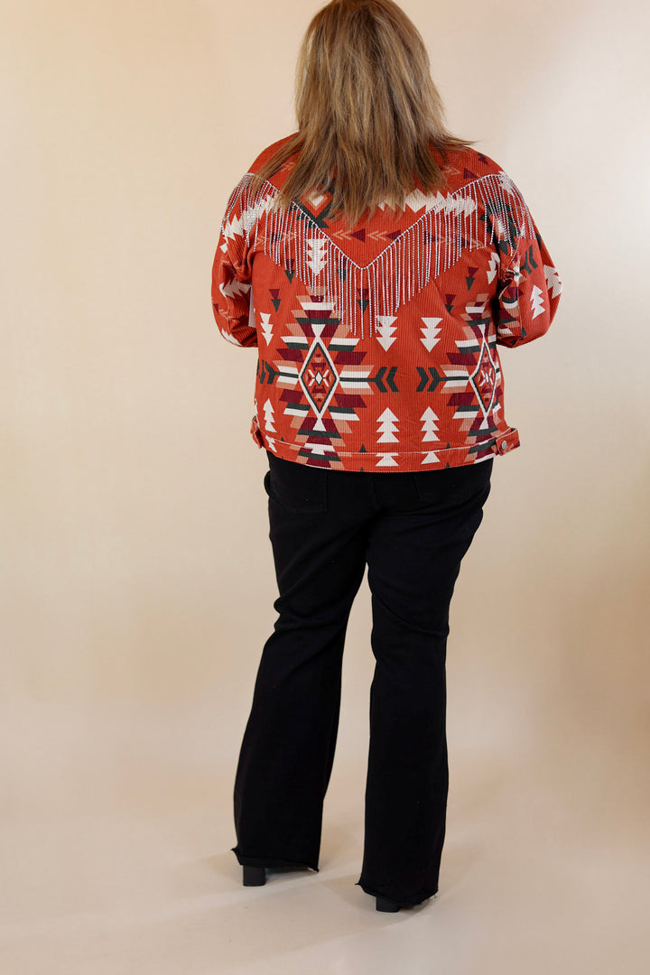 Signature Moves Aztec Print Jacket with Crystal Fringe in Rust Orange - Giddy Up Glamour Boutique