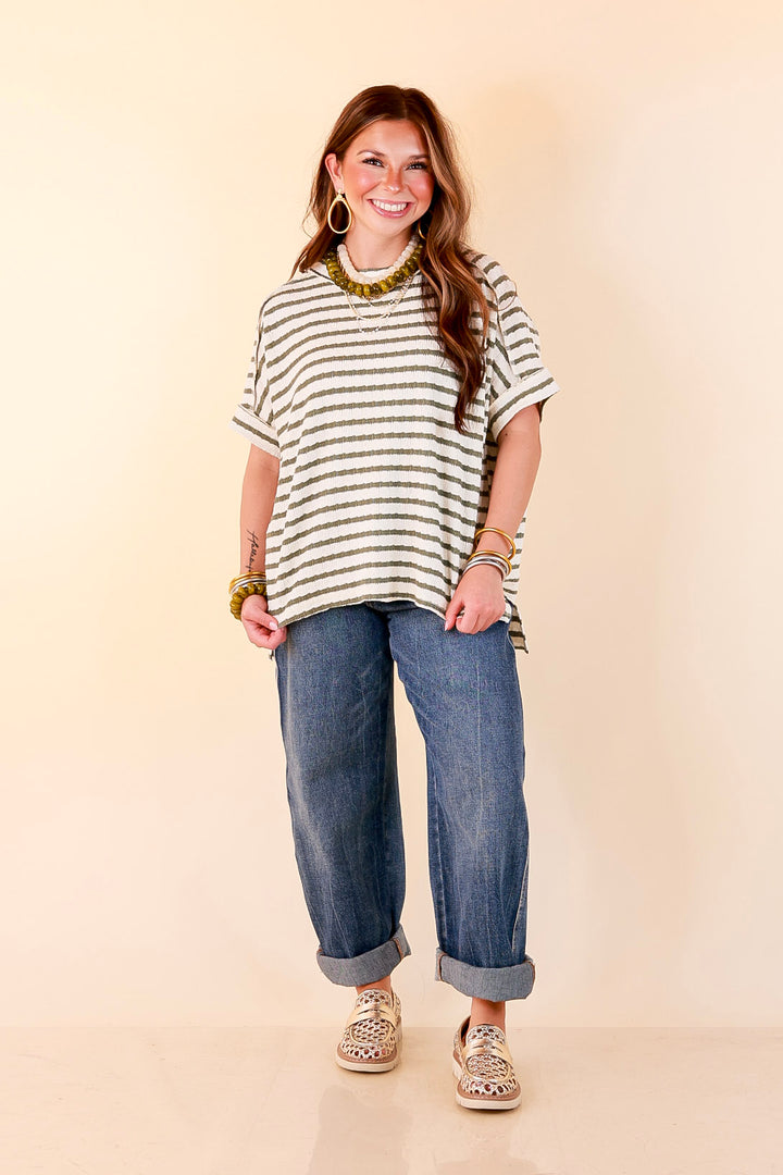 On The Daily Scoop Neck Short Sleeve Striped Textured Top in Olive Green