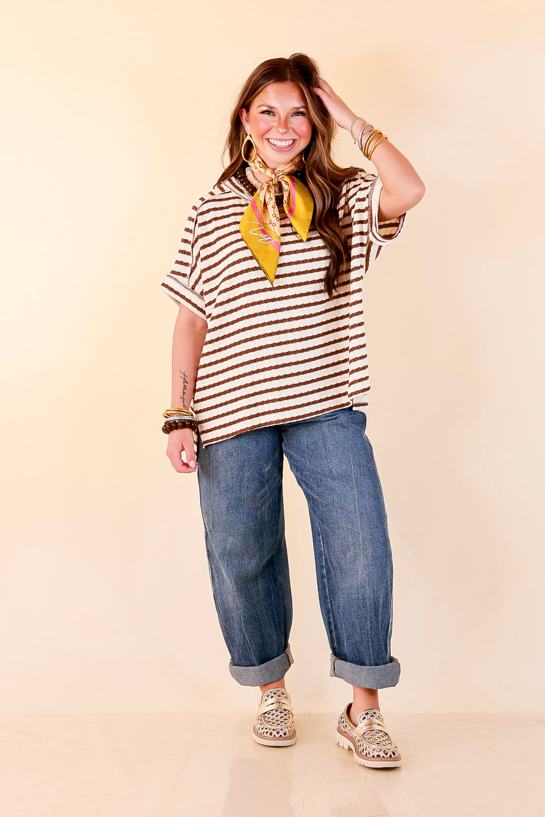 On The Daily Scoop Neck Short Sleeve Striped Textured Top in Chocolate Brown