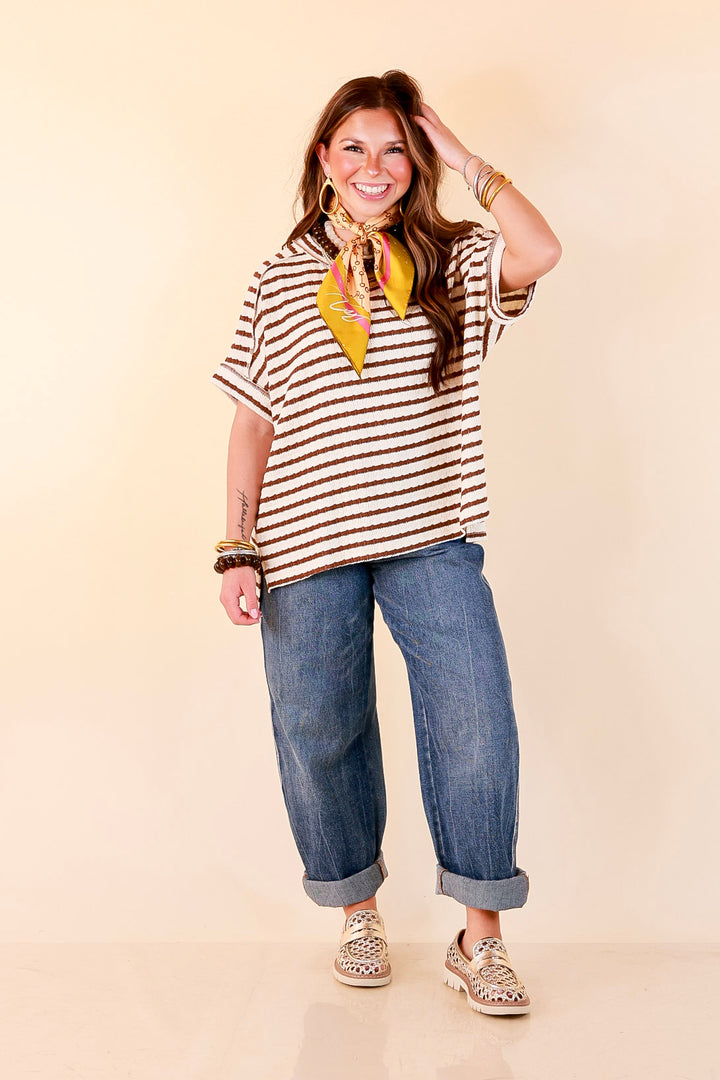 On The Daily Scoop Neck Short Sleeve Striped Textured Top in Chocolate Brown