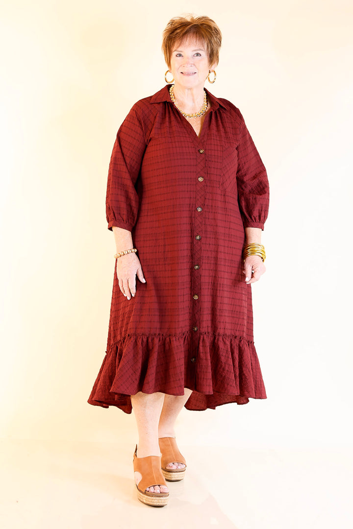Easy to Please Button Up Ruffle Hem Midi Dress in Maroon Plaid