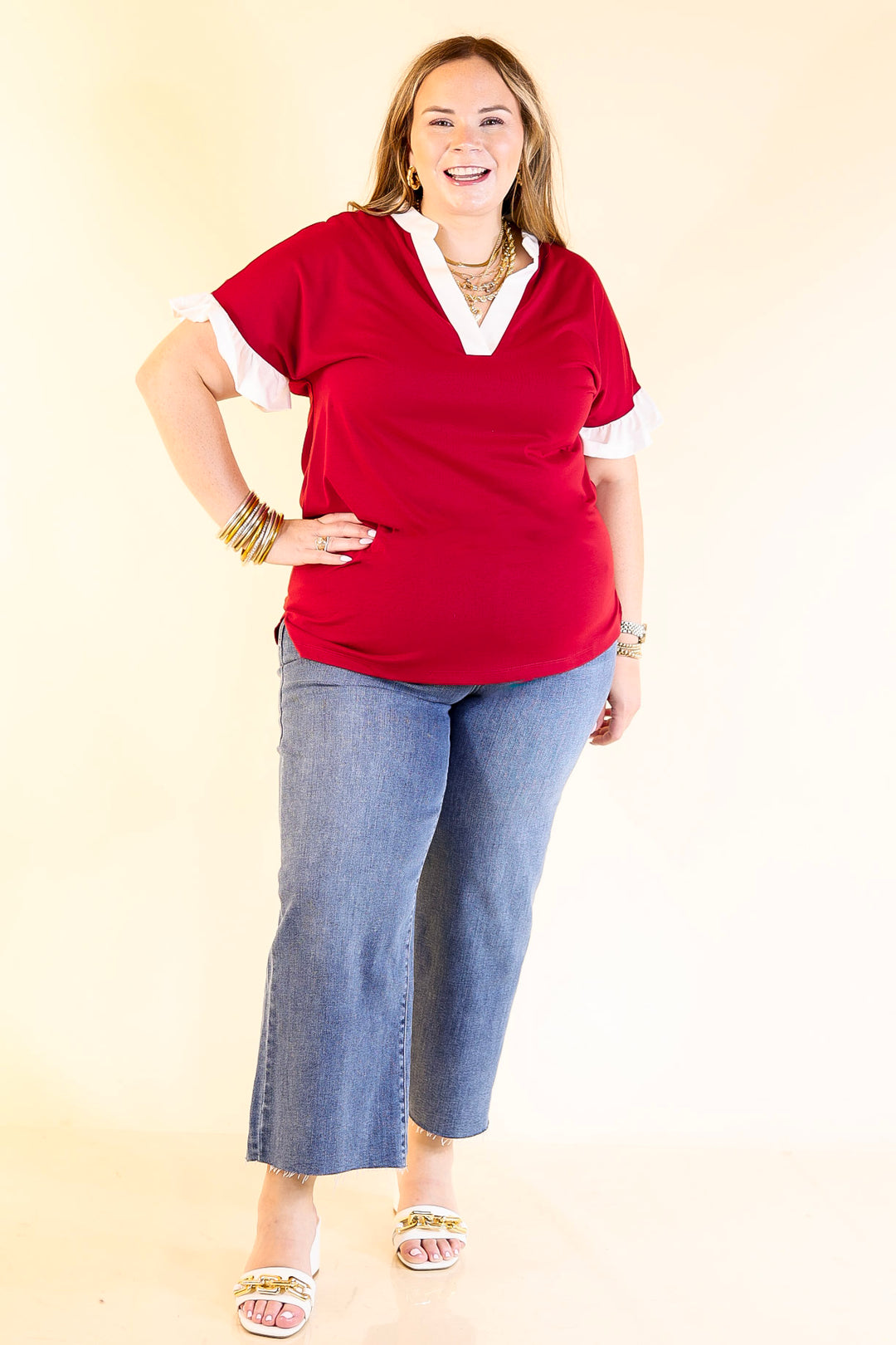 Power Play V Neck with Ruffle Short Sleeves and White Trim in Maroon