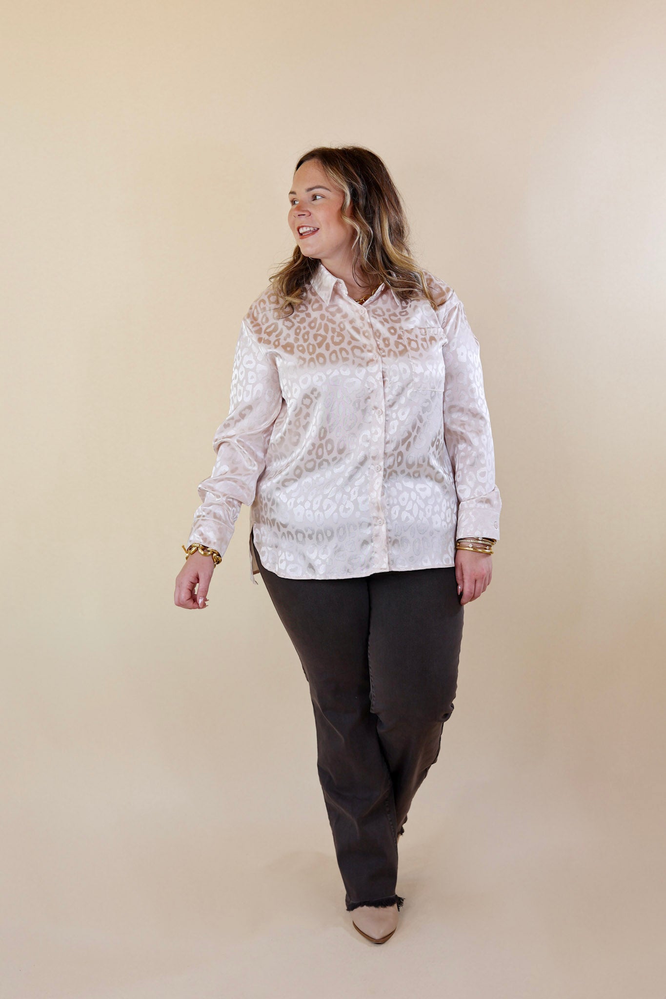 Top It Off Long Sleeve Button Up Satin Leopard Top in Ivory - Giddy Up Glamour Boutique