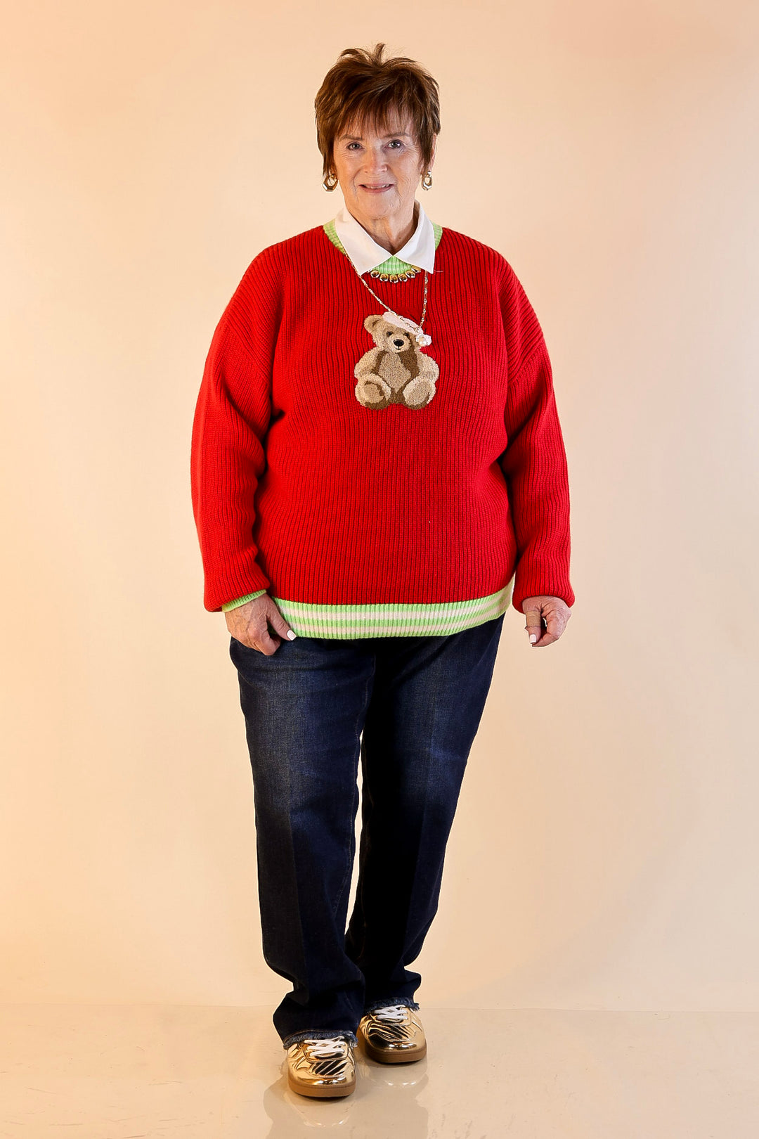 Simply Southern | Beary Merry Crewneck Sweater with Teddy Bear Graphic and Green Trim in Red