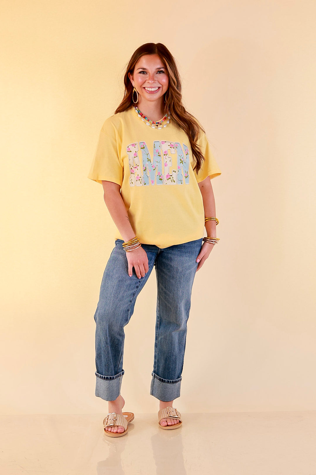 Heaven Sent "Amen" Floral and Pearl Print Short Sleeve Graphic Tee in Butter Yellow