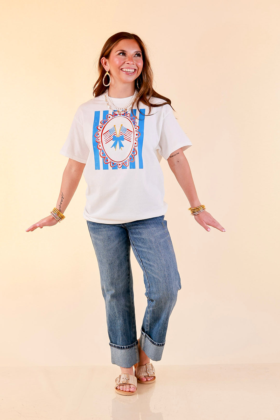 Sweet Land of Liberty Patriotic Coquette Short Sleeve Graphic Tee with Bow Detailing in White