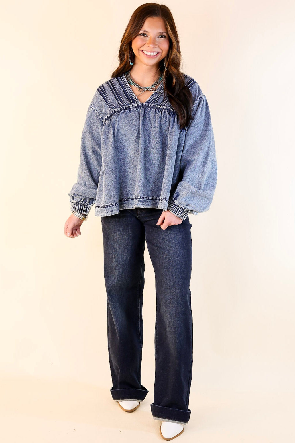 Western Soul Long Sleeve V Neck Denim Top in Medium Wash