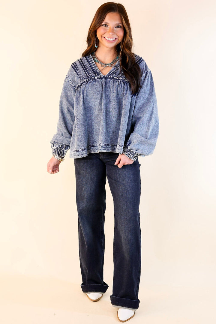 Western Soul Long Sleeve V Neck Denim Top in Medium Wash