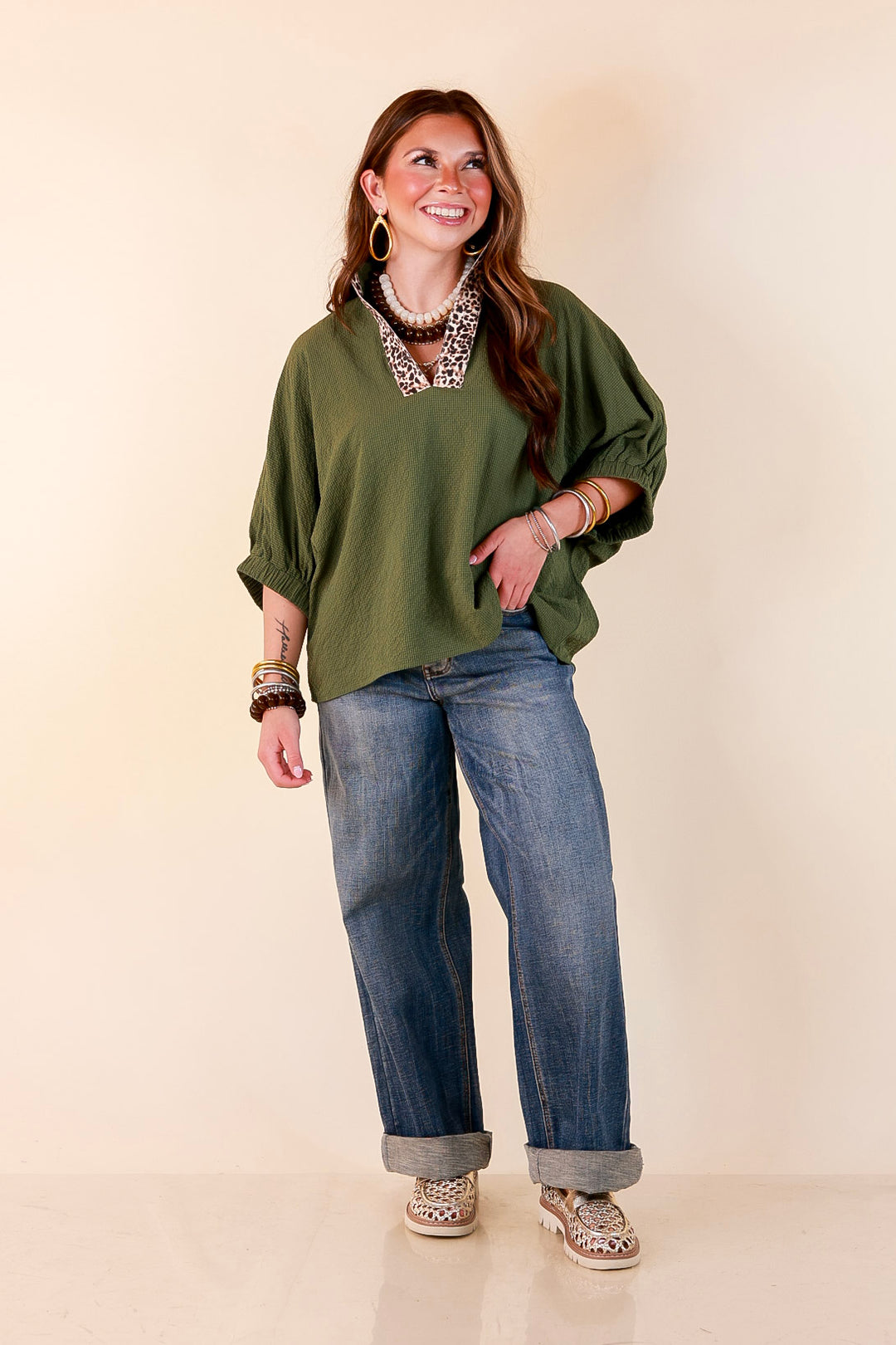 Naturally Chic Textured Poncho Top with Leopard Trim Details and Dolman Sleeves in Olive Green