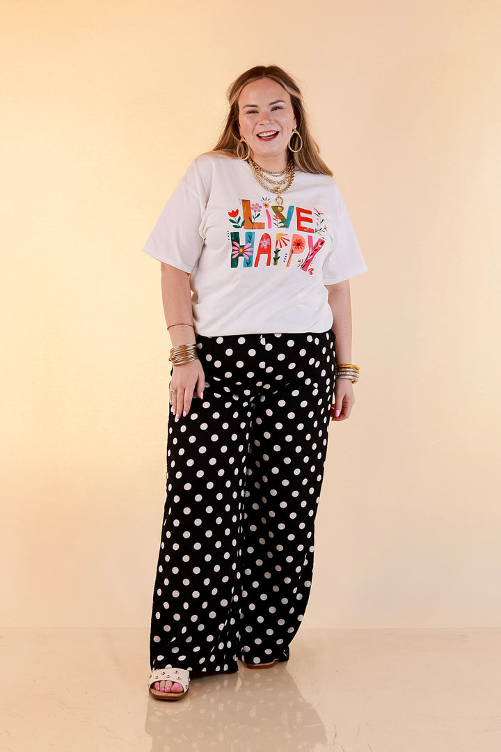 Happiness on Repeat "Live Happy" Floral Print Short Sleeve Graphic Tee in White