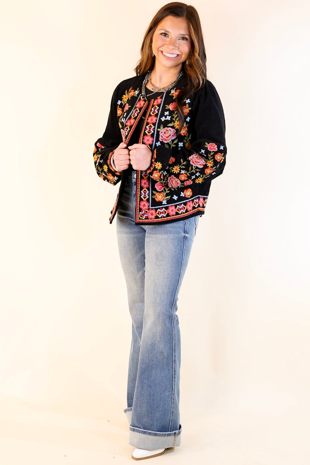 More To Say Corduroy Floral Embroidered Jacket in Black