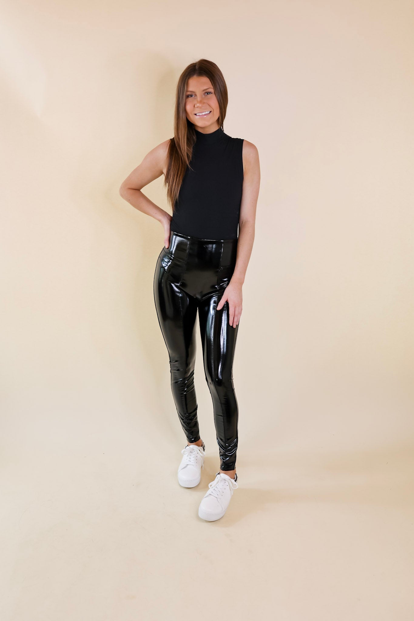 SPANX | Faux Patent Leather Leggings in Black - Giddy Up Glamour Boutique
