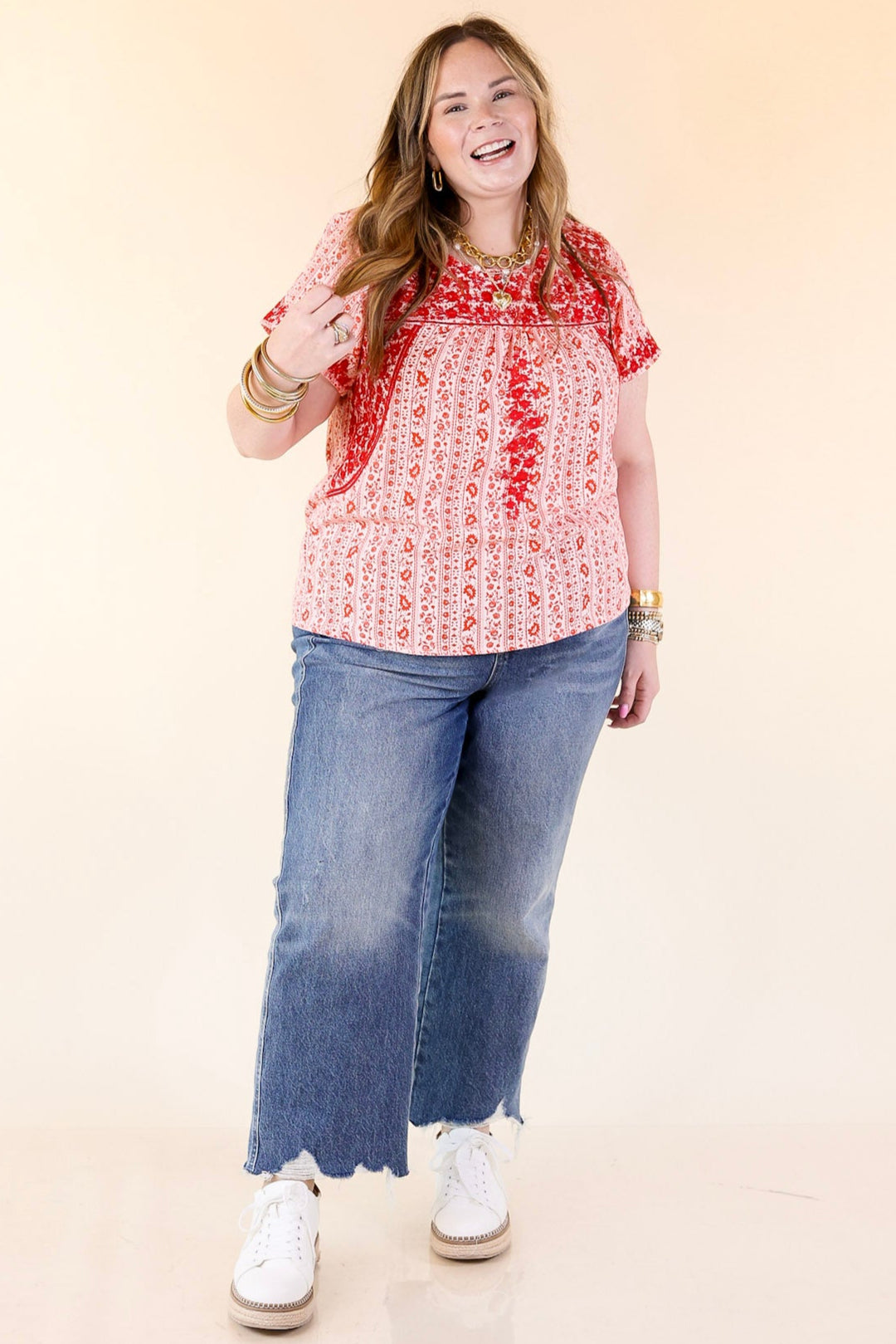 Sunny Day Floral Print Top with Red Floral Embroidery in Off White