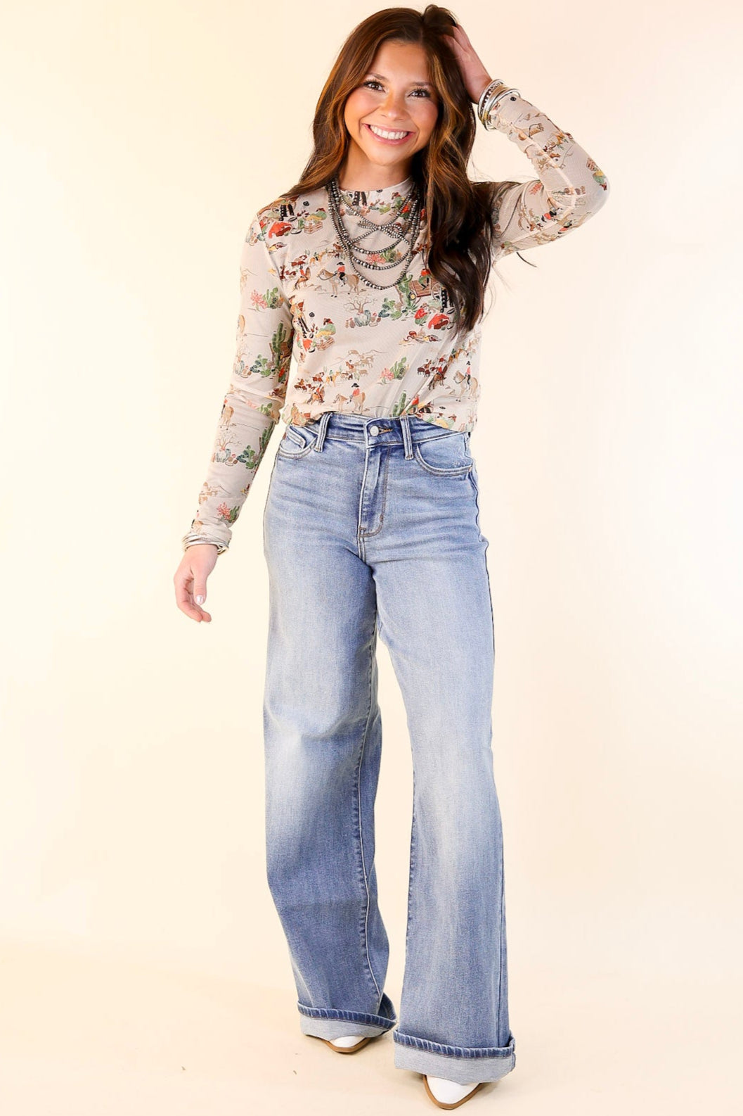 Western Dream Mesh Long Sleeve Top with Retro Western Print in Tan