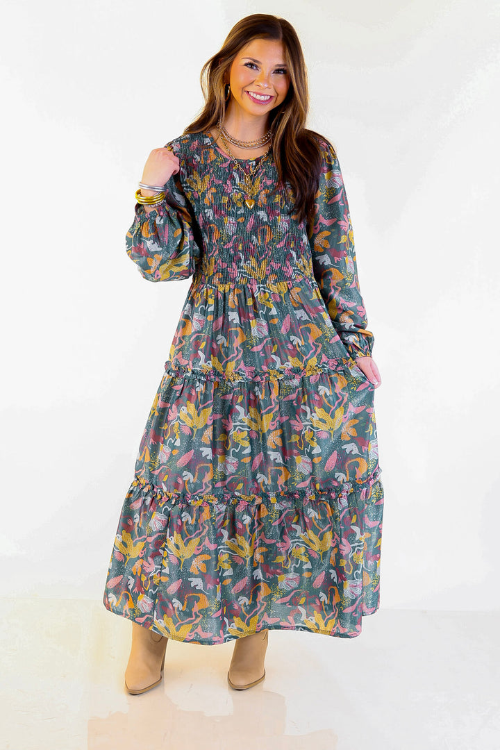 Mud Pie | Shaffer Smocked Bodice Long Sleeve Midi Dress with Tiered Skirt in Blue Mix