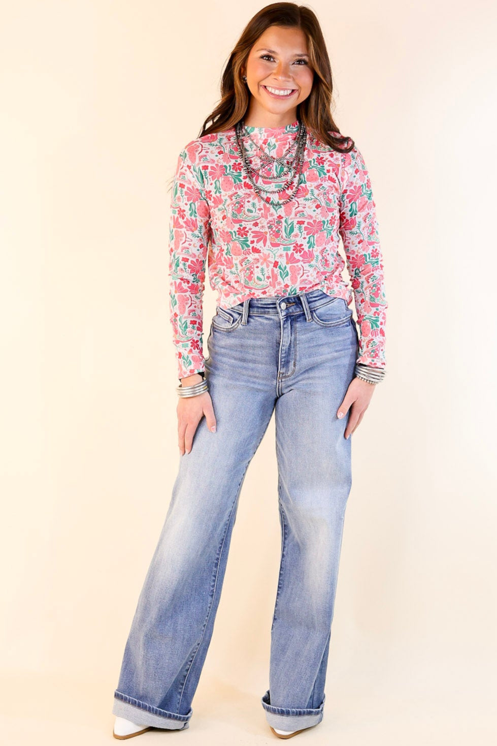 Western Dream Mesh Long Sleeve Top with Western Floral Print in Pink