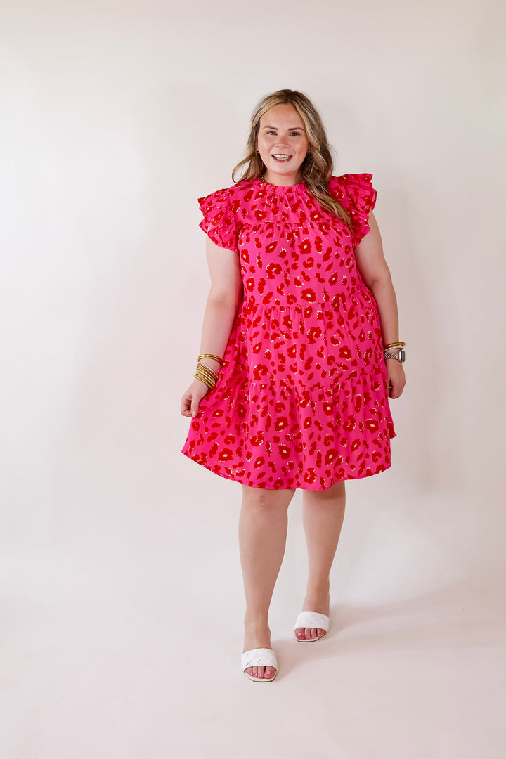 Daring and Delightful Leopard Print Dress with Ruffle Cap Sleeves in Pink - Giddy Up Glamour Boutique