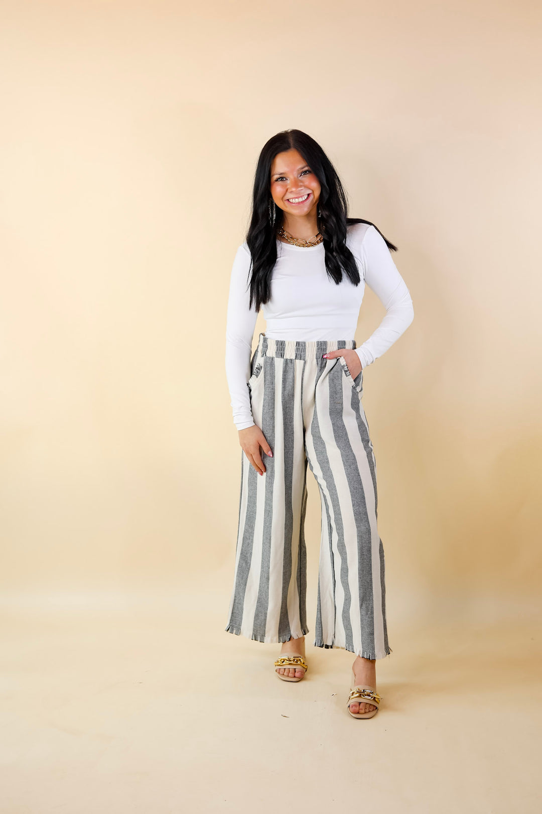 Right On Cue Elastic Waistband Striped Cropped Pants with Frayed Hem in Black - Giddy Up Glamour Boutique