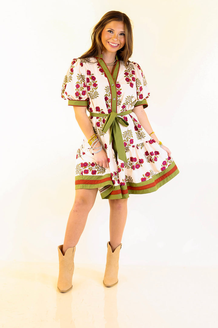Garden Party Floral Dress with Dropped Skirt and Olive and Maroon Trim in Cream