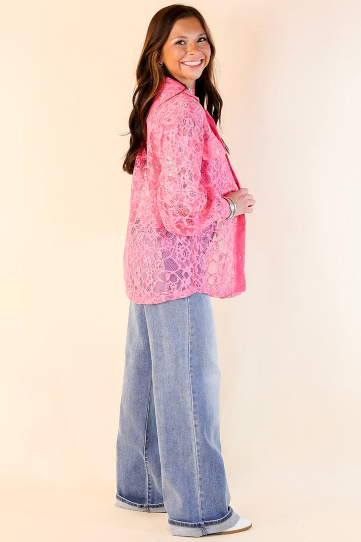 Sheer Chic Collared Button Up Lace Top in Pink Cosmos