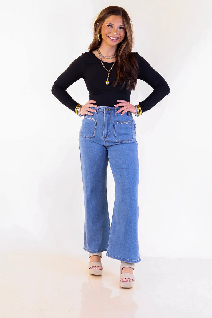 Patch Me In Denim Wide Leg Cropped Jean with Front Patch Pocket and Crochet Trim in Medium Wash