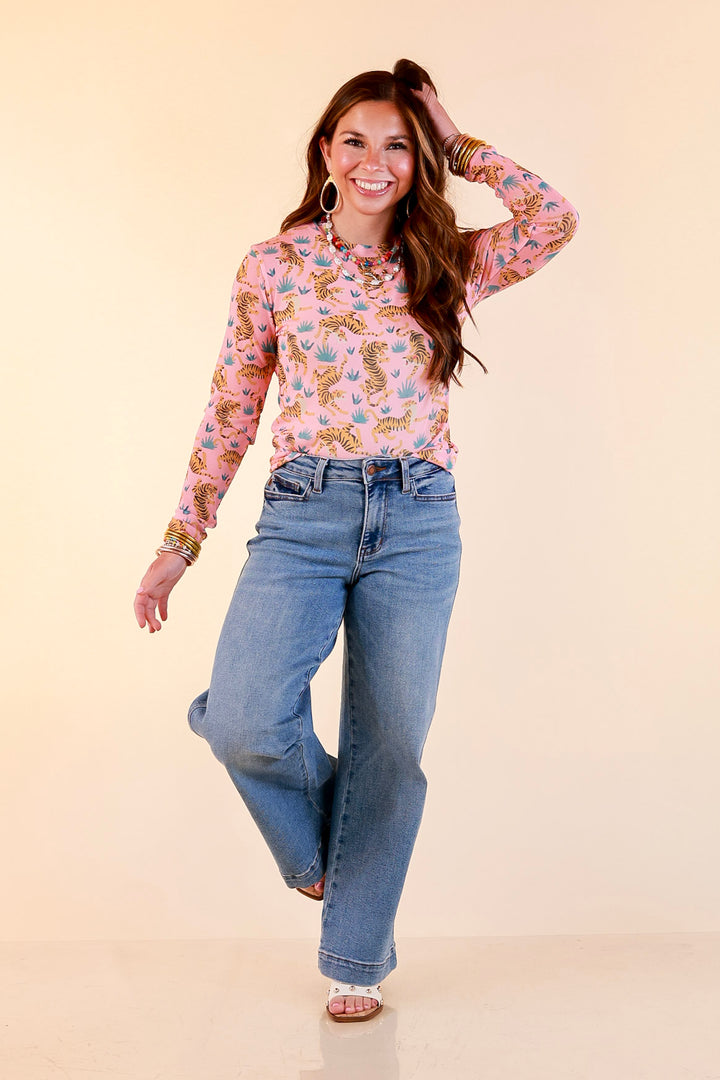 Western Dream Tiger and Floral Print Mesh Long Sleeve Top in Pink