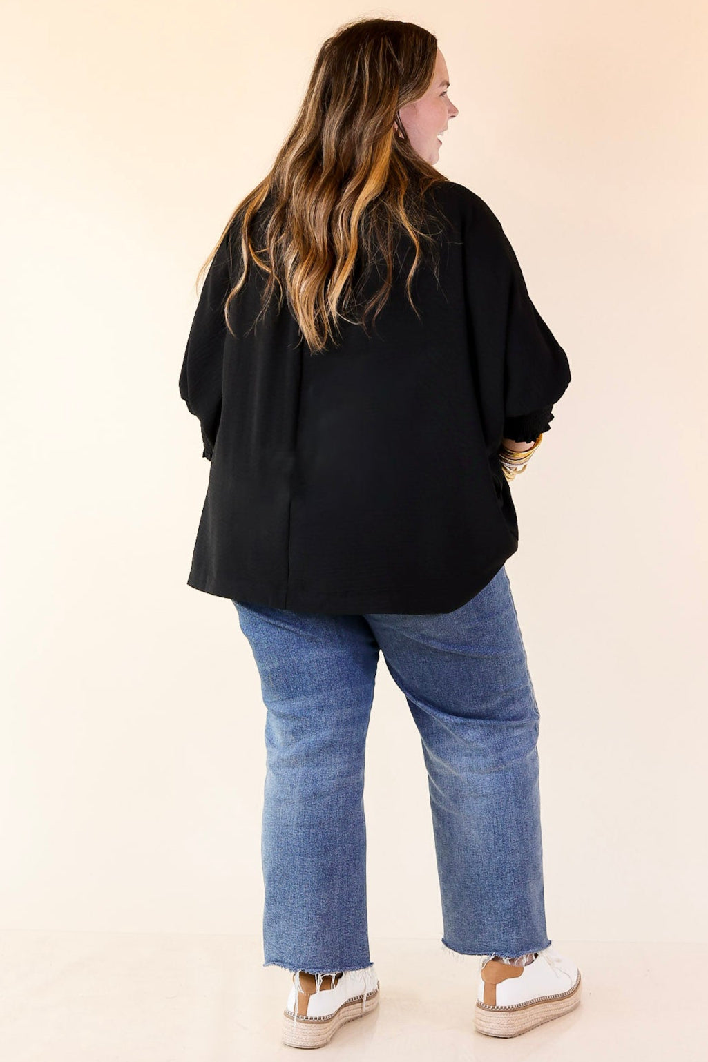 Spoken In Style Collared Blouse with Smoked Sleeve Band in Black