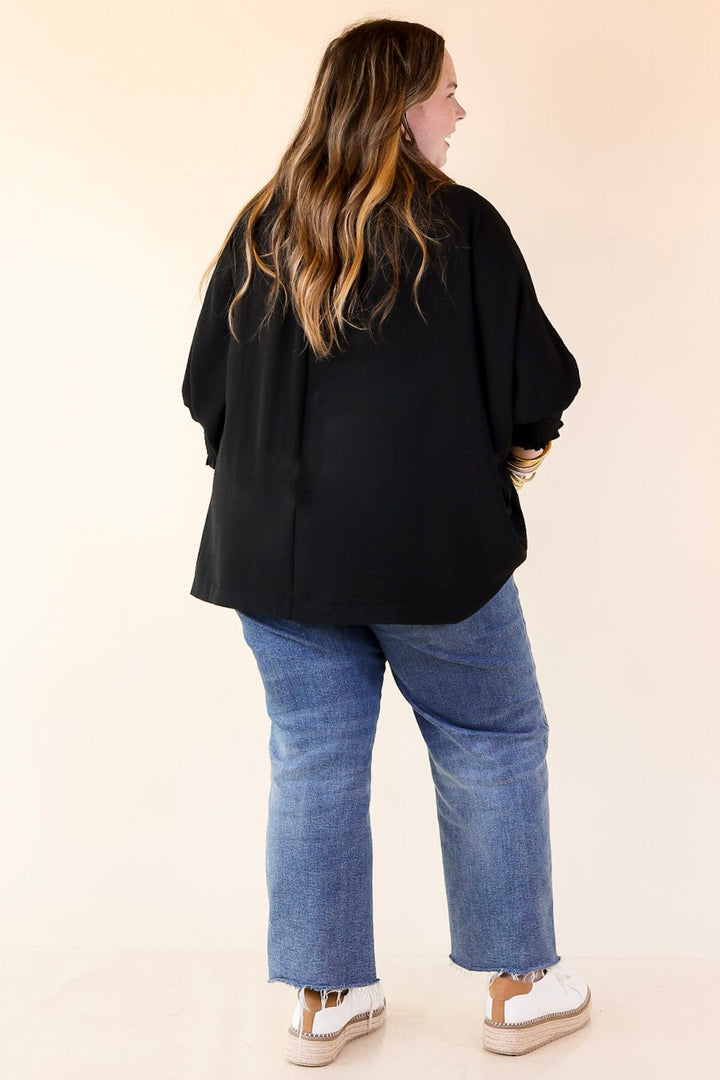 Spoken In Style Collared Blouse with Smoked Sleeve Band in Black