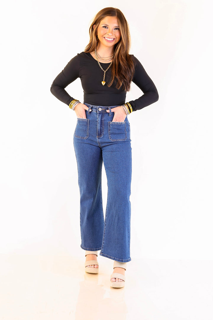 Patch Me In Denim Wide Leg Cropped Jean with Front Patch Pocket and Crochet Trim in Dark Wash