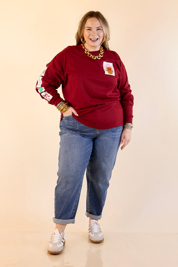 Simply Southern | Merry Mail Holiday Stamps Long Sleeve Graphic T-Shirt in Maroon