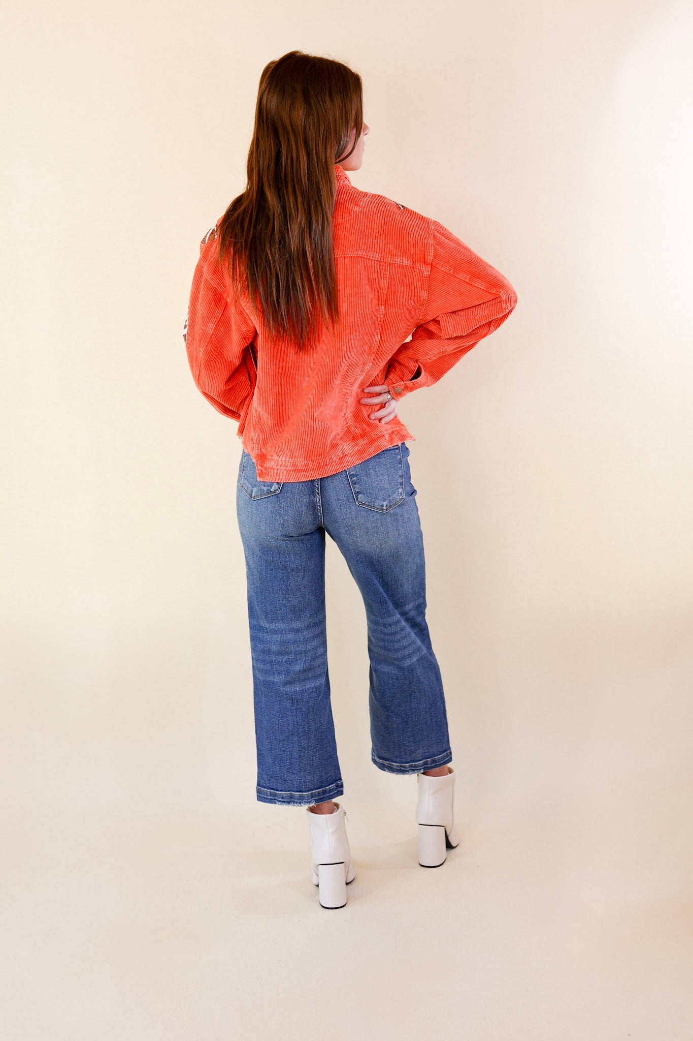 Gameday Ready Corduroy Shacket with Sequin Football Patches in Orange - Giddy Up Glamour Boutique