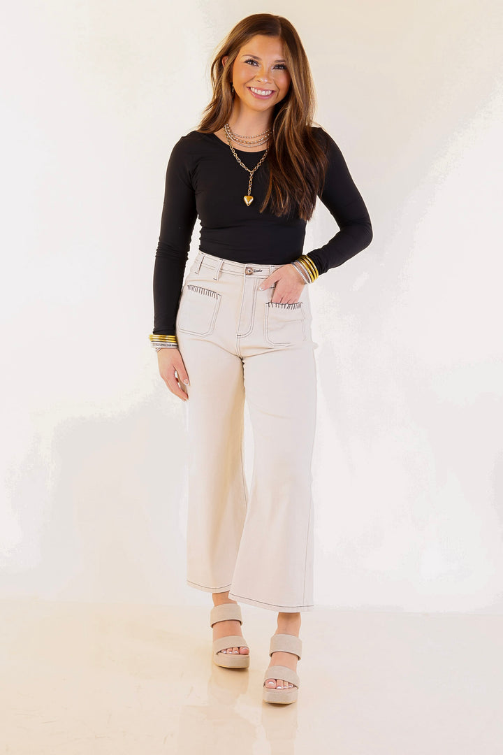 Patch Me In Denim Wide Leg Cropped Jean with Front Patch Pocket and Crochet Trim in Cream