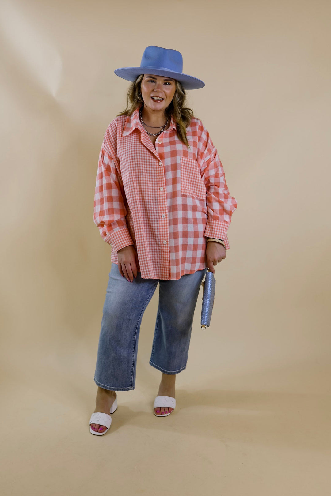 Waiting For You Mix Plaid Button Up Top in Coral Orange - Giddy Up Glamour Boutique