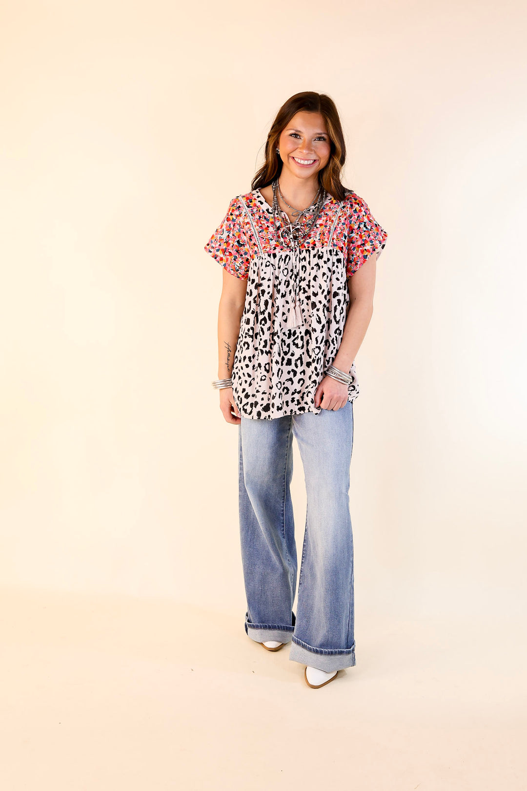 Fredericksburg In the Spring Leopard Print Embroidered Top with Front Keyhole in Blush Pink