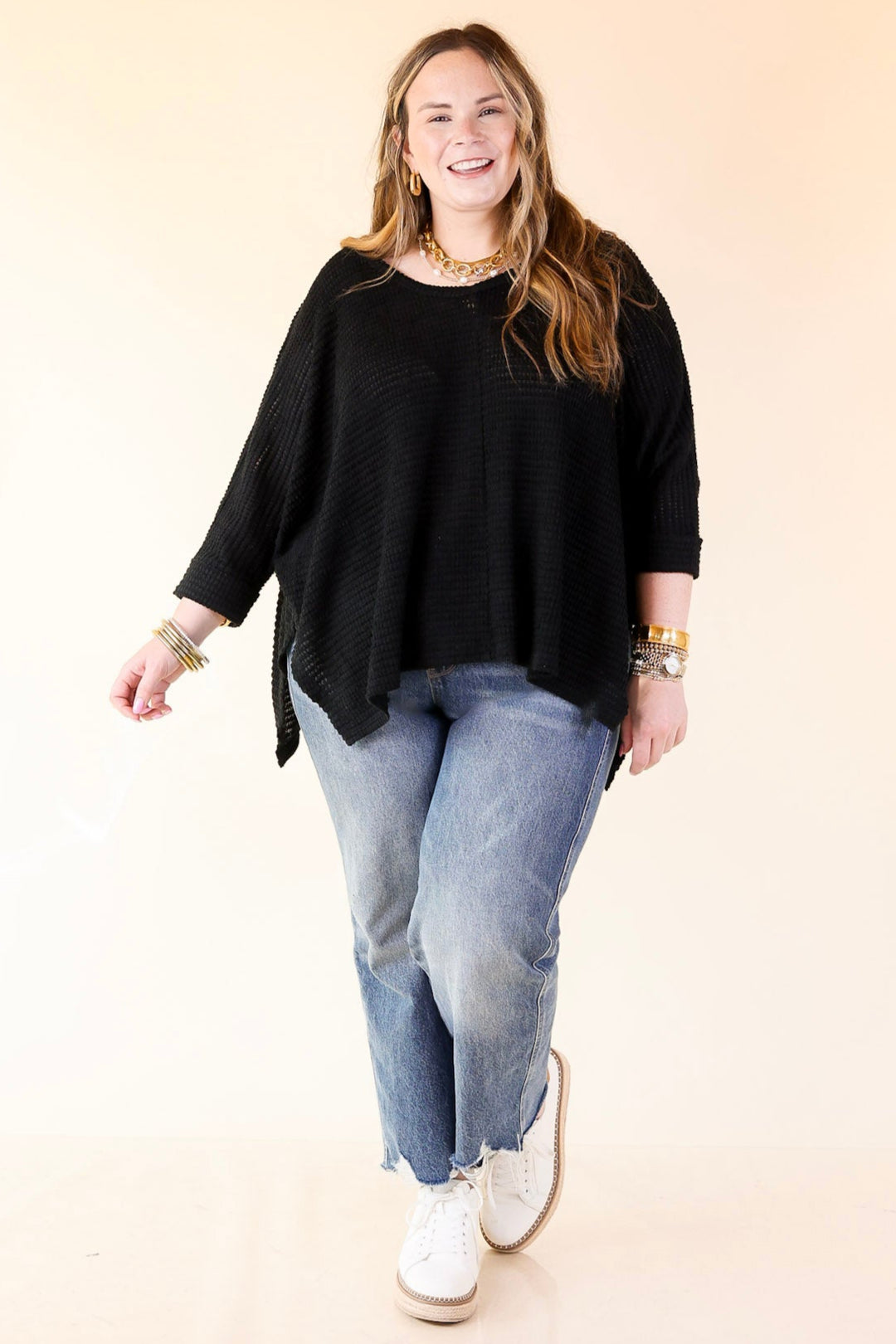 Breezy Intuition 3/4 Cuffed Sleeves Waffle Net Blouse In Black