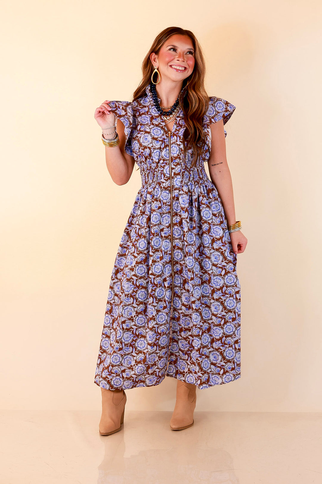 Modern Grace Zip Front Midi Floral Print Dress with Smocked Waist and Short Flutter Sleeves in Brown and Periwinkle Blue
