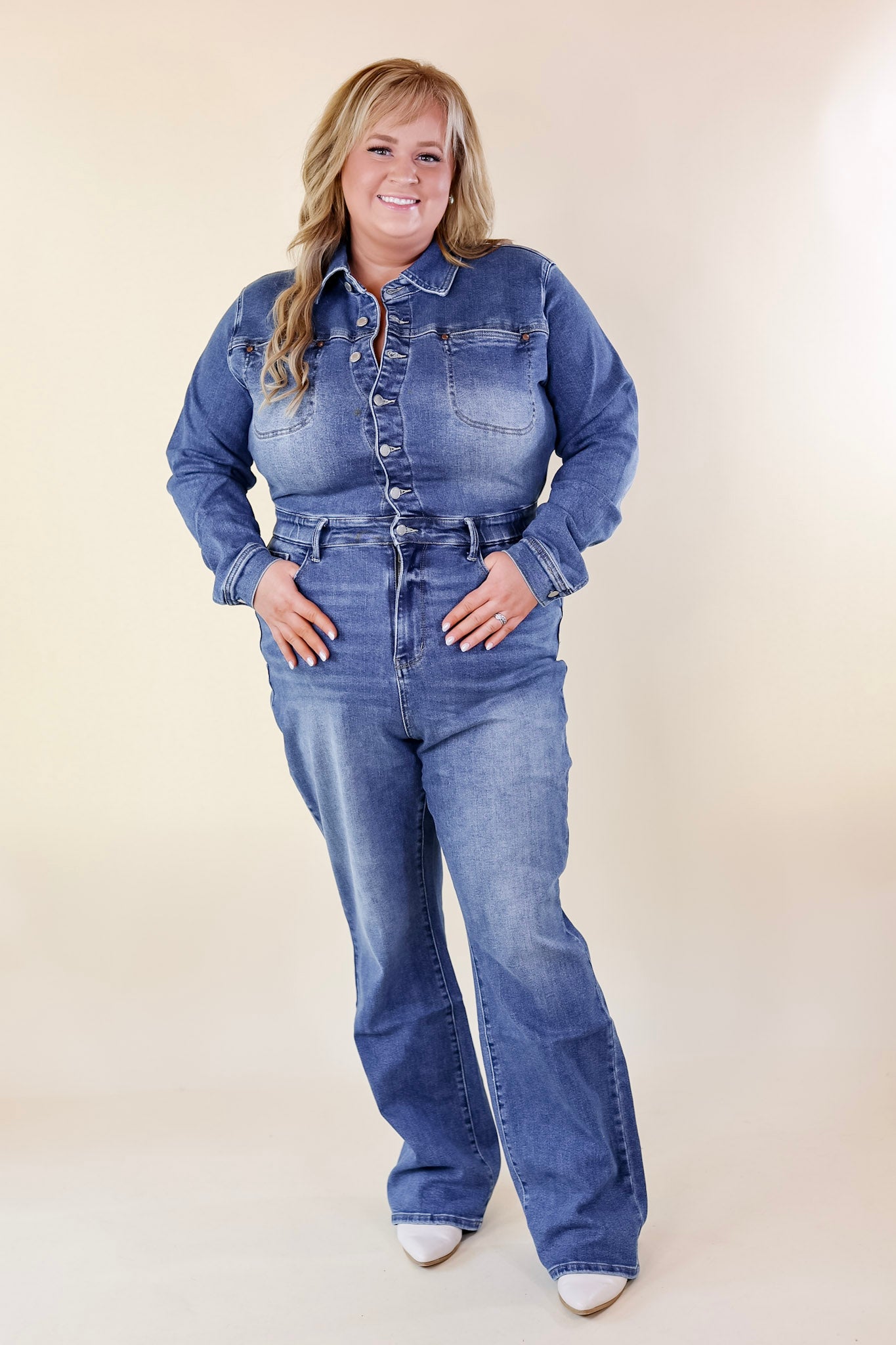 Judy Blue | Not Your Concern Long Sleeve Denim Jumpsuit in Medium Wash - Giddy Up Glamour Boutique