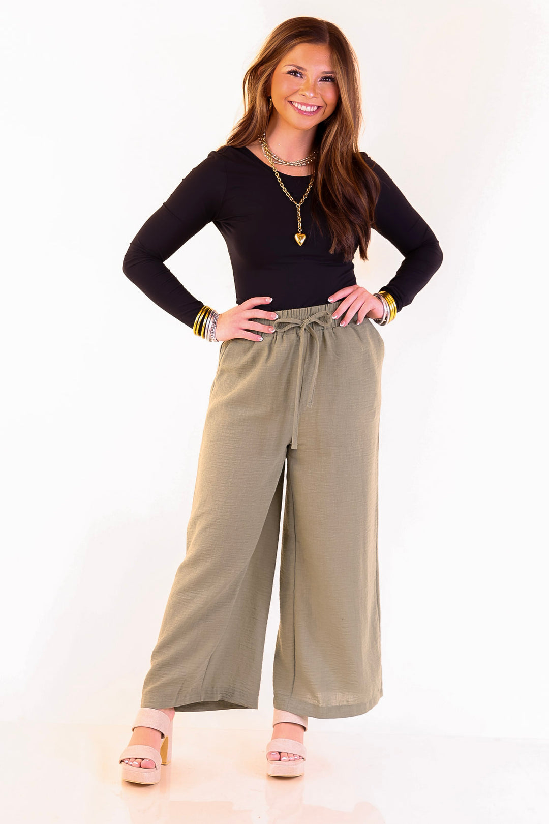 On Repeat Cropped Drawstring Woven Pants in Olive Green