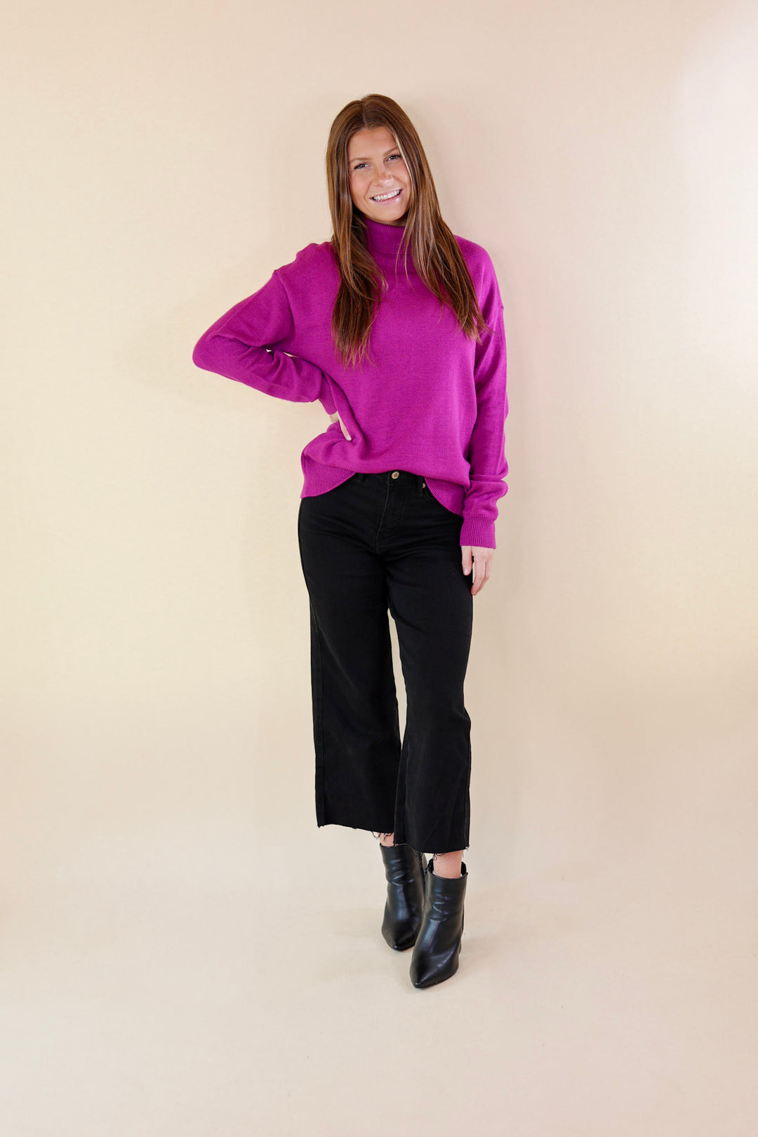 Chilly Days Ahead Turtle Neck Sweater with Long Sleeves in Magenta - Giddy Up Glamour Boutique