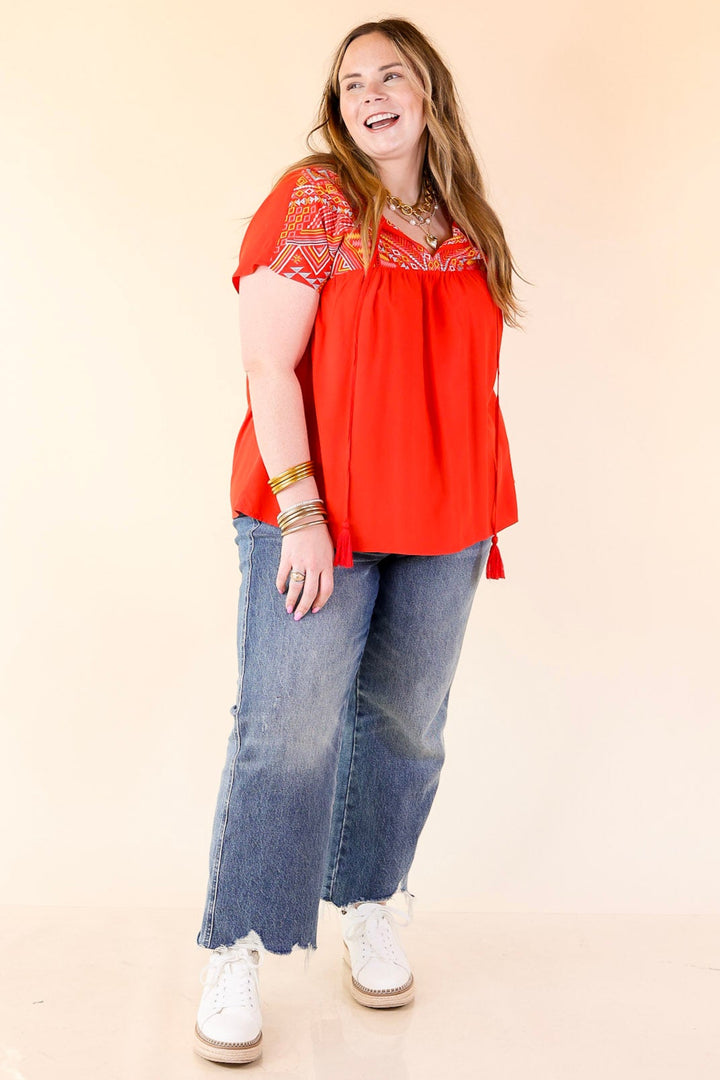 Forgotten Paradise Embroidered Top with Front Tie in Red